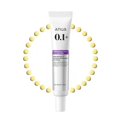 A product shot of an eye cream tube, surrounded by small yellow circles.