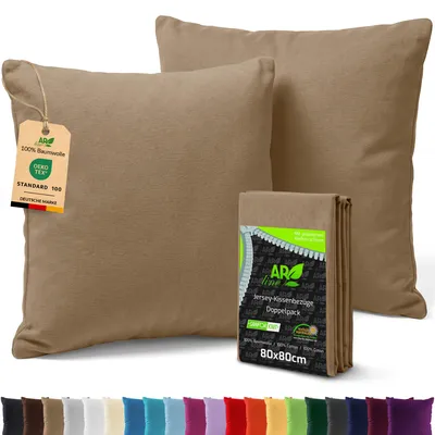 Produktbild von AR Line 2er Pack Jersey Kissenbezüge 80x80 Baumwolle – weich, pflegeleicht, Kissenhüllen mit Reißverschluss, in Farbe: Beige