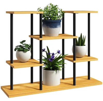Zdjęcie produktu dla Stojak na rośliny do wnętrz - półka na rośliny z 6 poziomami - drewniana konstrukcja - 80 x 24 x 61,5 cm - wielopoziomowa półka na kwiaty - naturalne drewno