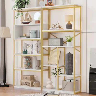 Produktbild von Regal 160×29.5×180 cm, Gold+Weiß, Stahl+MDF, modern-minimalistisch, stabil