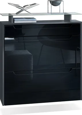 Produktbild von Vladon Schuhschrank Annie, Schuhkipper für 16 Paar Schuhe mit 2 Klappen, 1 Schublade und Glasablage, Anthrazit matt/ Schwarz Hochglanz, Griffmulden in Schwarz Hochglanz (89 x 96 x 23 cm)