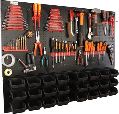 Produktbild von botle® Werkzeugwand Lochwand aus Metall, Stapelboxen + Wandregal + Werkzeughalter 51-tlg Set, Kleinteilelager,  Wandwerkstatt mit 24 stapelbaren Schwarz Behältern, Hängeregal Sortierregal