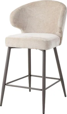 A studio shot of a beige bar stool with gray metal legs against a white background.