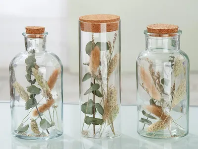Productafbeelding van Gilde decoratief object, bolvormig, fles, motief van gedroogde bloemen, glas, helder, natuurlijke kleuren, verpakking met 6 stuks.Hoogte: 17,00 cmBreedte: 8,00 cmArtikelnummer: 40487