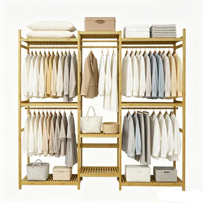 Image de Portant à Vêtements en Bambou 177x41,5x196 cm – Armoire Ouverte avec Tringles, Penderie Autoportante pour Chambre et Dressing