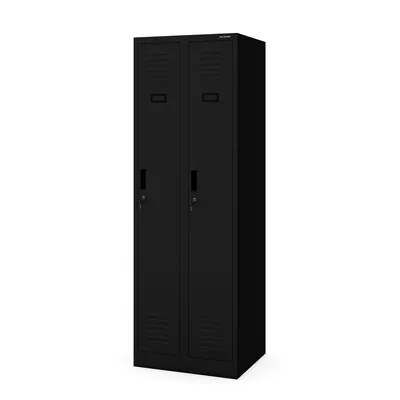 A black metal locker with two doors, shown from the front.