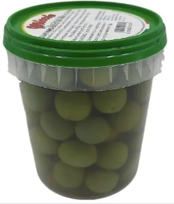 A clear, well-lit studio shot of a plastic container filled with green olives.