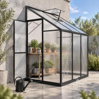 Zdjęcie produktu dla LZQ, szklarnia przydomowa, wymiary 185 × 110 × 195 cm, konstrukcja aluminiowa, szyby z poliwęglanu o grubości 4 mm, 1 okno dachowe