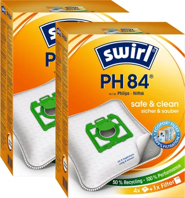 Two boxes of Swirl PH 84 vacuum cleaner bags are shown, with one box slightly in front of the other.