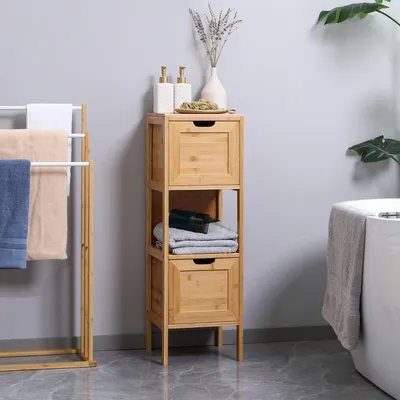 Produktbild von SUGIFT Unterschrank mit Schubladen, Badezimmerschrank Bambus, Standregal Natur  |  Kippsicherung  |  2 Schubladen, 1 Regal  |  30 x 30 x 90 cm