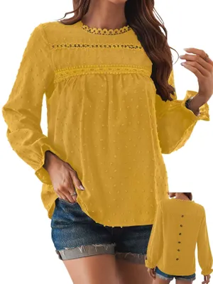Productafbeelding van TUUHAW Dames langarmshirt, boho blouse, ronde hals, elegante top, stippenprint, geel, maat S