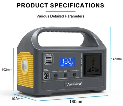 Obrázek produktu pro Přenosná powerbanka VC-A150W – 150 W, 12,8 V LiFePO4 baterie – 220 V AC zásuvky – vstup pro solární panel – LED osvětlení – pro kempování i domácnost