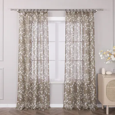 Produktbild von Joyswahl Vorhang mit Kräuselband Voile Gardinen mit Blattmuster für Schlafzimmer Wohnzimmer, transparent Braun HxB 145x140 cm 1 Stück
