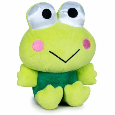 A plush toy frog sitting down against a white background.