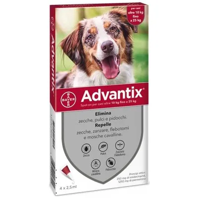 Zdjęcie produktu dla Advantix dla psów o wadze od 10 do 25 kg – krople na skórę odstraszające pchły, kleszcze i komary – BAYER – 4 pipety