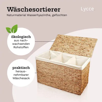 Produktbild von Lycce Wäschekorb 3 Fächer 150 l Wäschesortierer Wasserhyazinthe natur 79 x 40 x 50 cm