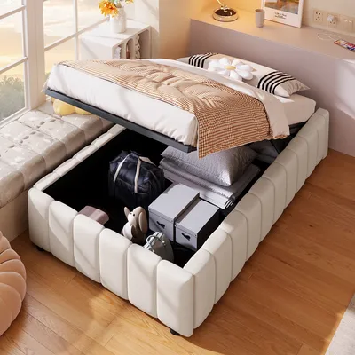 Produktbild von Modernes Leinen-Bett, hydraulischer Stauraum, ohne Kopfteil,  90x200cm, Beige