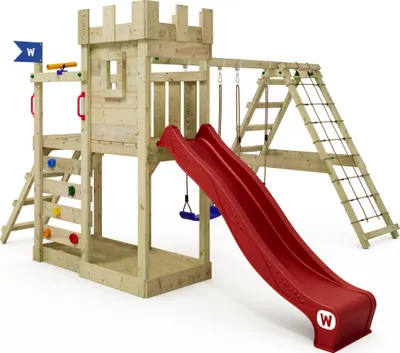 Image de WICKEY Tour de jeux GateFlyer avec annexe à grimper, balançoire double et toboggan - rouge