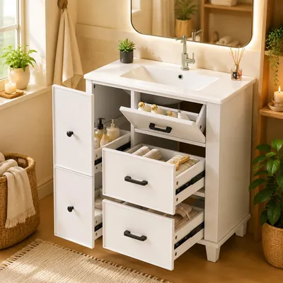 Produktbild von MODFU Freistehende Waschtisch Weiß,76,5x47x83,5 cm Badkommode mit Auszugsschublade und Gleitschienen,Badezimmerschrank mit Keramikbecken