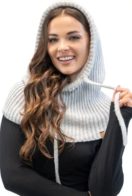 Obrázek produktu pro Vivisence Šála Klobouk s kapucí Šála pro ženy Kombinace stylové čepice a smyčky Šála s Balaclava Nastavitelná šňůrka Vyrobeno z měkké jehněčí vlny a bavlny Zima, světle šedá, jedna velikost