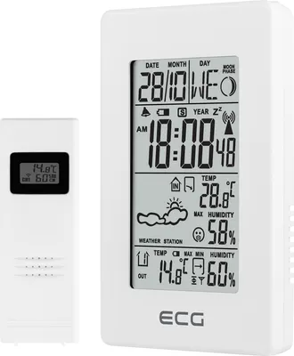 Produktbild von ECG MS 100 Biały | Stacja pogodowa | Prognoza pogody na 1 dzień | Wyświetlacz LCD temperatury/wilgotności wewnątrz i na zewnątrz | Zegar sterowany sygnałem |