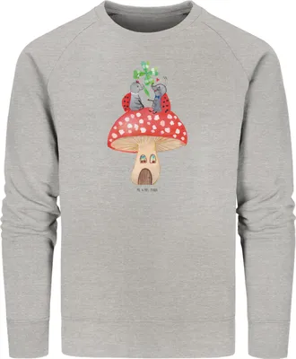 Produktbild von Mr. & Mrs. Panda Baumwoll Pullover Marienkäfer Fliegenpilz Größe M - Heather Grey - Geschenk, Wohnung, Zuhause, Haus, Sweater, Rundhals, Bio-Pullover, Lustige Sprüche