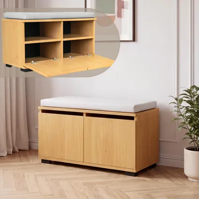Immagine prodotto di Scarpiera "Brande" con 4 scomparti, 2 ante a ribalta, dimensioni 80 x 35 x 42 cm, finitura effetto legno di quercia / grigio chiaro
