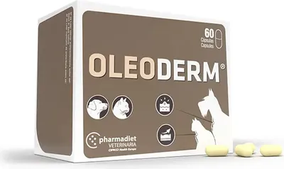 A box of Oleoderm capsules for veterinary use, with three capsules in the foreground.