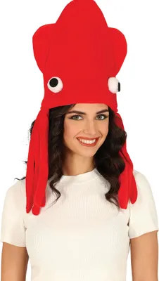 Frau trägt einen leuchtend roten Tintenfisch-Hut mit großen weißen Augen und herabhängenden Tentakeln. Der Oktopus sitzt witzig auf dem Kopf, das Kostümaccessoire sorgt für humorvollen Partylook.