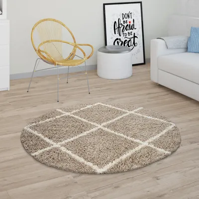 Immagine prodotto di Tappeto a pelo lungo per soggiorno Shaggy Motivo a rombi scandinavo Moderno In beige Dimensioni Ø 160 cm Rotondo