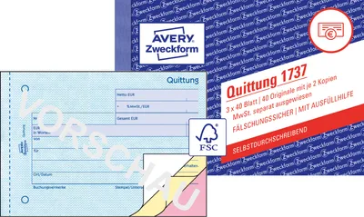 Produktbild von Avery Zweckform 1737, Quittung MwSt. separat ausgewiesen, A6 quer, selbstdurchschreibend, 3x40 Blatt