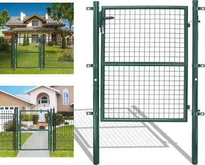 A collage of images showing a green metal garden gate in different settings, including a close-up of the gate and the gate installed in a fence.