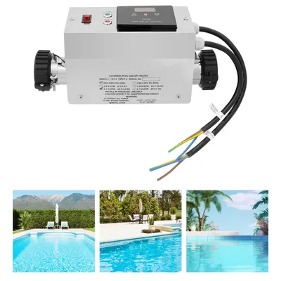A pool heater unit with three images of swimming pools below.