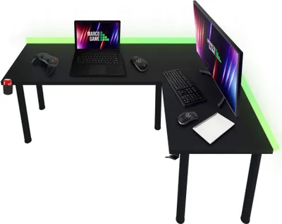 Produktbild von Eck-Gaming-Schreibtisch Marco Game Corner LED RGB 2x Kabellöcher und 8 Beine 200x135x65cm Schwarz