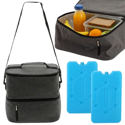 Produktbild von Graue, geräumige Kühltasche, 13 l, 26,5 x 17,5 x 27 cm, mit zwei Kühlakkus, isolierte Brotdose