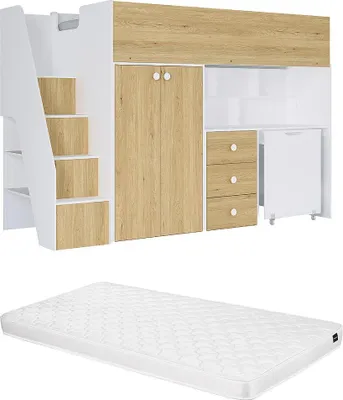 Produktbild von Zwischengeschossbett 90 x 190 cm mit Kleiderschrank und Schreibtisch - Weiß und Natur + Matratze - LANILATO