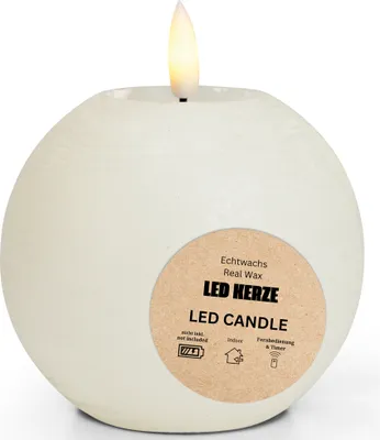 Immagine prodotto di LED candela a sfera di cera, fiamma tremolante, Ø 7x18 cm, bianco
