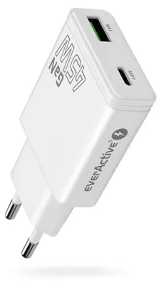 Imagen del producto de Cargador EVERACTIVE GaN con 1 puerto USB-C y 1 puerto USB Quick Charge 3.0, 45W, color blanco