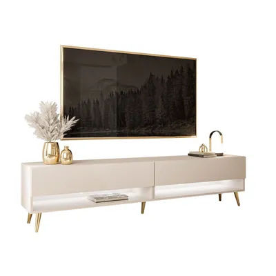 A modern TV stand with a large television mounted above it.