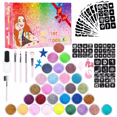 Image de Kit de tatouages à paillettes pour enfants, comprenant 30 couleurs, 147 pochoirs et 5 pinceaux