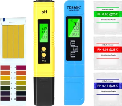 A set of water testing tools including pH testers, TDS/EC meter, and calibration packets.