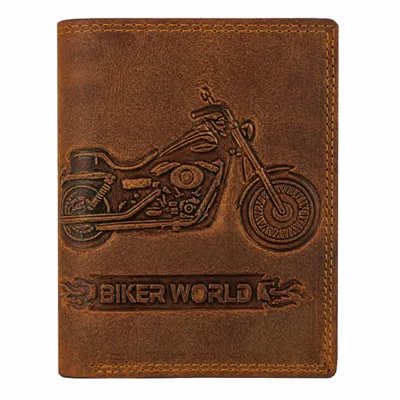 Produktbild von RFID Büffel Echt Leder Geldbörse Portemonnaie mit geprägtem Motorrad Motiv Braun Hochformat, KI-generiertes Bild