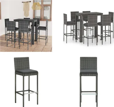 Produktbild von vidaXL 7 tlg. Gartenbar Set mit Kissen Poly Rattan Grau - Bar-Set - Bar-Sets - Bartisch Und Barhocker - Bartisch