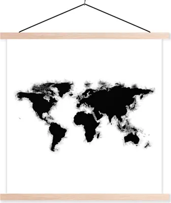Produktbild von MuchoWow® Textilposter Weltkarte - Schwarz - Aquarell 40x40 cm mit holzfarbenen Rahmen - Posterleiste