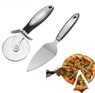 Image de Lot de 2 couteaux à pizza - Couteaux à pizza en acier inoxydable - Lame à pizza - Poignée antidérapante - Pour pizza, fromage, gâteaux, gaufres, tartes, biscuits