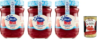 Produktbild von Hero Light Konfitüre Leichte Brotaufstriche Erdbeeren, Extra-Marmelade und Konfitüre mit hochwertigen Früchten, ohne Zuckerzusatz und sehr wenig Kalorien 3x 280 g + Italian Gourmet polpa 400g