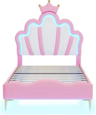 Produktbild von Flachbett 90x200cm Doppelbett (Ohne Matratze) Kronenförmiges Prinzessinnenbett Mit verstellbarer LED-Umgebungslichtstreifen Rosa PU