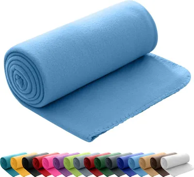 A rolled-up blue fleece blanket shown diagonally on a white background, with a row of other rolled blankets in various colors visible at the bottom.