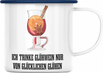 Produktbild von Trendation - Glühwein Emaille Tasse Lustig Spruch Glühweinbecher mit Henkel Doppelwandig GlühweinEmaille Tassen Gläser Weihnachtsmarkt Becher Emaille Tassen Geschenk - Von Glücklichen Glühen (Blau)