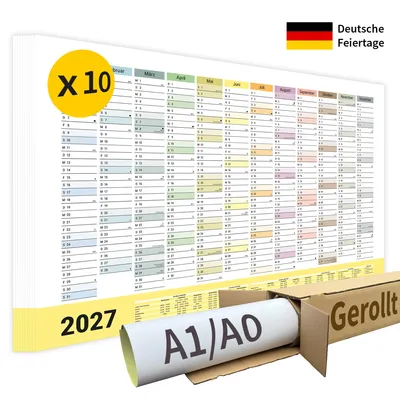 Produktbild von XXL Jahreskalender Wandkalender 2027 | DIN A0 | 10 Stück | Gerollt verpackt ohne Knicke | 84,1 x 118,9 cm | Kalender | deutsche Feiertage + Ferien